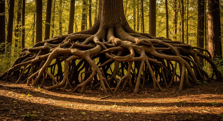 Massive tree with extensive root system exposed above ground in forest. Ancient oak with complex root network for forest ecology and environmental conservation campaigns