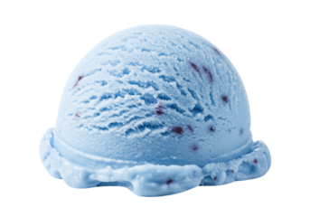 Isolated single scoop of vibrant blue ice cream with red flecks, close-up shot ready to serve