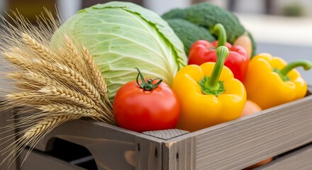 Fresh vegetables and wheat in wooden crate, harvest season cabbage, broccoli, tomato, pepper, yellow pepper, wheat in crate