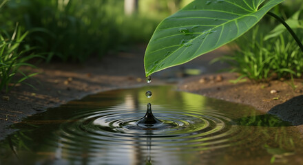 Water droplet falling from green leaf tip creating ripples in pond below. Natural water cycle and plant hydration process. Environmental education and ecosystem content