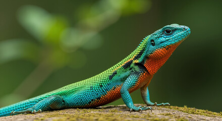 Fototapeta premium Colorful iguana with blue green orange scales basking on wooden surface. Reptile thermoregulation and tropical habitat behavior. Wildlife education and herpetology research