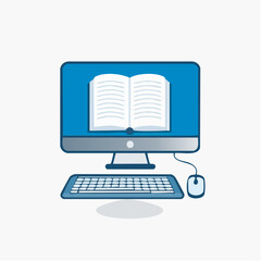Illustration of a computer with an open book on the screen, keyboard, and mouse.