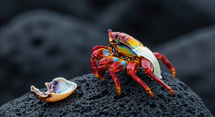 Colorful crab on volcanic rock near sea shore. Marine crustacean in natural coastal habitat for wildlife education and environmental conservation campaigns
