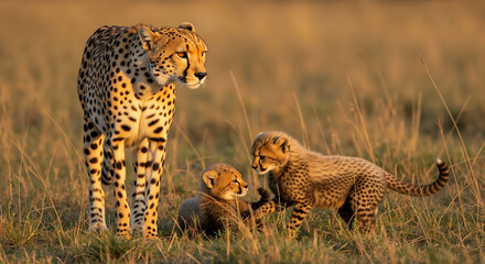 Fototapeta premium Cheetah mother with cubs resting in golden grassland at sunset. Maternal care behavior and family bonding in wildlife. Safari tourism and conservation awareness