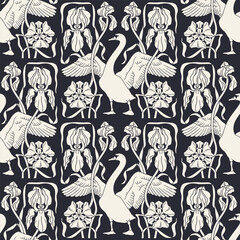 Seamless pattern with art nouveau style modern hand drawn elegant black and white silhouette of swan and iris flowers symmetrical composition © akini