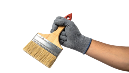 Hand in a glove holding a paint brush, ready for interior or exterior home improvement and renovation projects