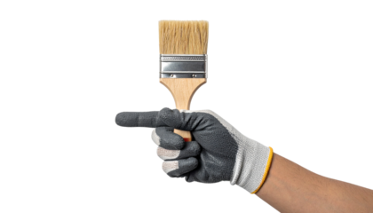 Hand holding a paintbrush, pointing - DIY, home improvement, painting tools, pointing gesture