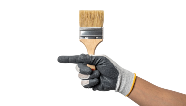 Hand holding a paintbrush, pointing - DIY, home improvement, painting tools, pointing gesture