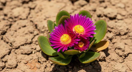 Desert succulent plant with vibrant pink flowers blooming in cracked dry soil. Drought resistant flora in arid environment for botanical education and climate adaptation campaigns