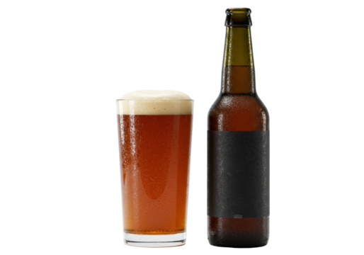 Isolated amber beer bottle and full pint glass of craft beer, cold refreshing alcoholic beverage