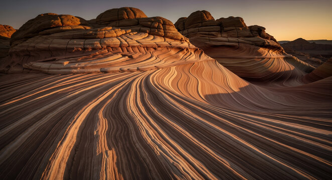 Layered sandstone rock formations with wave patterns in desert landscape. Natural geological structures carved by wind erosion for earth science and conservation campaigns