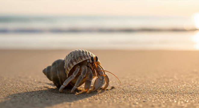 Hermit crab with striped shell on sandy beach at golden sunset. Marine crustacean behavior and coastal ecosystem adaptation. Beach wildlife observation and tide pool exploration