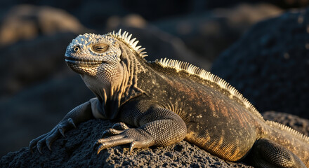 Fototapeta premium Iguana with detailed scales and spines resting on volcanic rock surface. Large reptile in natural desert habitat for wildlife conservation and herpetology education campaigns