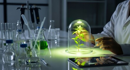 Scientist studying plant under glass dome biotechnology concept
