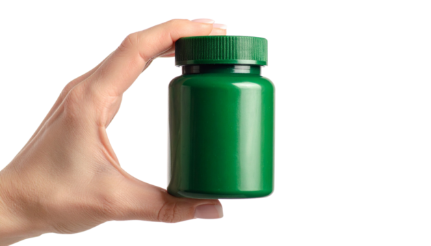 Hand holding a green medicine bottle, symbolizing health, wellness, and medication for various ailments