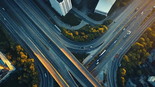Aerial view of complex sprawling highway interchange at sunset