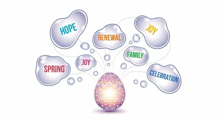 Fototapeta premium Colorful Easter Egg with Inspirational Words Symbolizing Hope, Renewal, Joy, Family, and Spring in Bubble Design