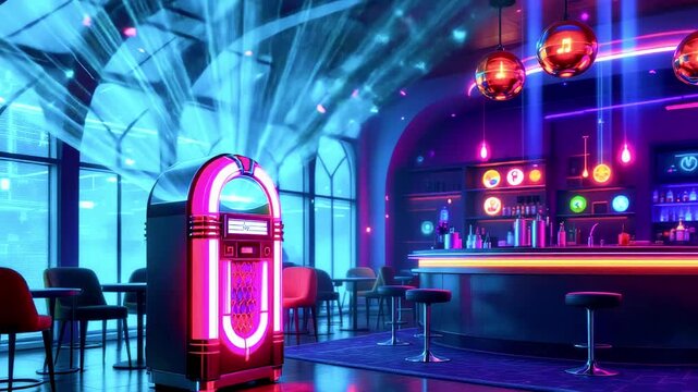 A retro-futuristic bar scene glows with neon lights and a classic jukebox