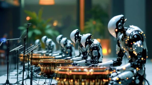 Robotic musicians perform, metallic bodies gleam under stage lights, focused on a drum set