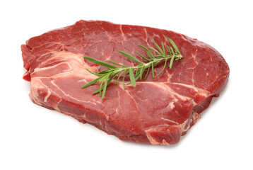 Piece of raw beef meat and rosemary isolated on white