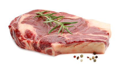 Piece of raw beef meat and spices isolated on white