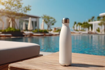 Naklejka premium Stylish White Water Bottle on Wooden Table by Luxury Poolside