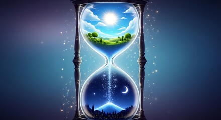 Fototapeta premium Experience the magic of time passing with a stunning hourglass showcasing day turning into night, a beautiful transition perfect for concepts of change, growth, and fleeting moments