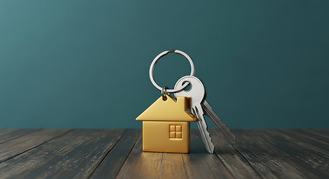 Golden house-shaped keychain with keys on a dark wooden table against a dark blue background.