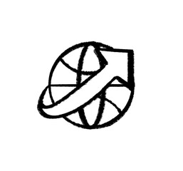Hand-drawn, sketchy globe deign with arrow pointing upwards, global icon with transparent png background 