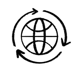 Hand-drawn, sketchy globe deign with arrows around planet, global icon with transparent png background&acute;, global business symbol 