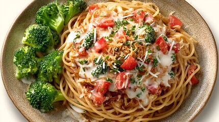 Top view of appetizing spaghetti with vegetables and creamy sauce served on plate in close up studio shot.