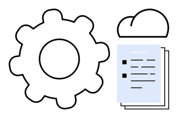 Gear, cloud, and document symbolizing cloud-integrated workflow, automation, and document management. Ideal for tech, business, innovation, storage data productivity simple flat metaphor