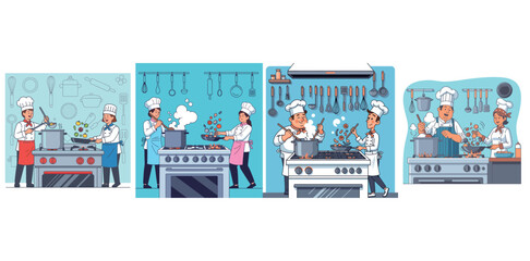 Naklejka premium Four scenes of male and female chefs cooking on stoves in a kitchen setting.