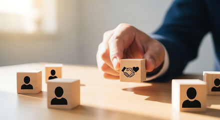 Hand placing a wooden block with a handshake and heart icon among blocks with people icons, representing partnership and teamwork.