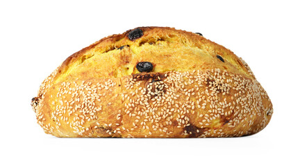Loaf of fresh bread with sesame seeds and raisins isolated on white