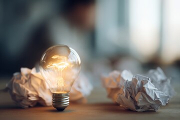 Lightbulb Shines Beside Crumpled Paper With Blurred Person Behind