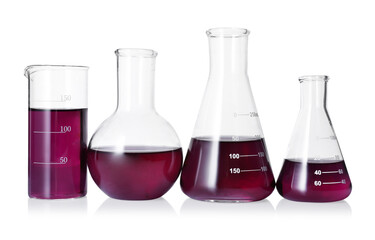 Different laboratory glassware with color liquid isolated on white