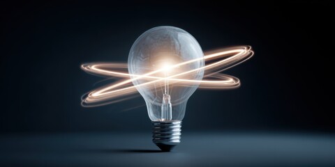 Bright Lightbulb in Dark Space With Glowing Light Trails Orbiting and Illuminating