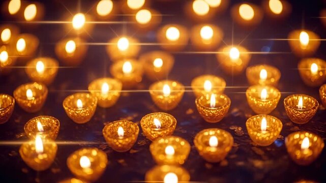 Glowing diwali oil lamps flickering in ornate glass bowls, creating a warm, festive light for celebration footage.