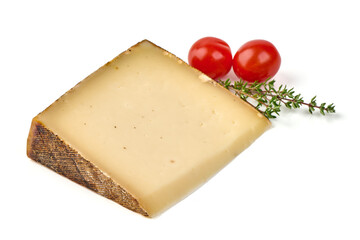 Cheese slice with tomatoes and thyme, isolated on white background