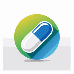 A flat design vector icon of a blue and white medication capsule with a long shadow on a circular background.