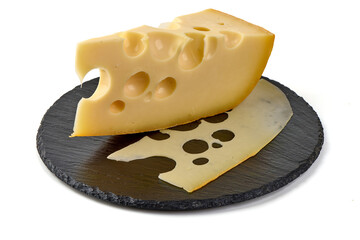 Swiss Cheese Wedge on Slate, isolated on white background