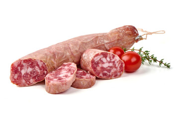 Salami with Tomatoes and Thyme, isolated on white background