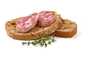 Salami on Bread with Thyme, isolated on white background