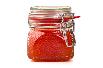 Red Caviar in Glass Jar, isolated on white background