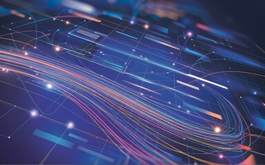 An abstract representation of digital data flow with a network of lines, glowing dots and dynamic stream lines. The overall effect is futuristic and technology-driven