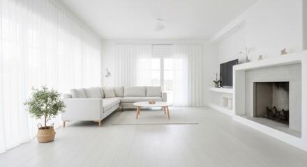 Fototapeta premium Airy, white living room with sectional, fireplace, and large windows