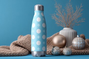 Stylish Insulated Water Bottle with Polka Dots and Winter Decor