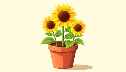 Obraz premium Three bright sunflowers with green leaves.