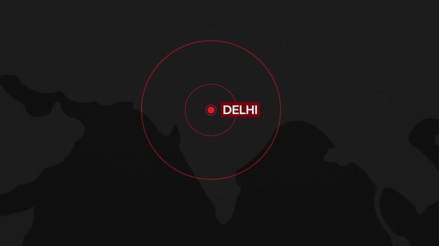 Blinking red light on the map of Delhi, India showing earthquake or breaking news concept, 4k animation